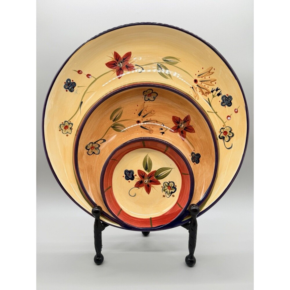 HD Designs Simone 3 Tier Serving Platter Hand Painted Tuscan Floral Ceramic 13"